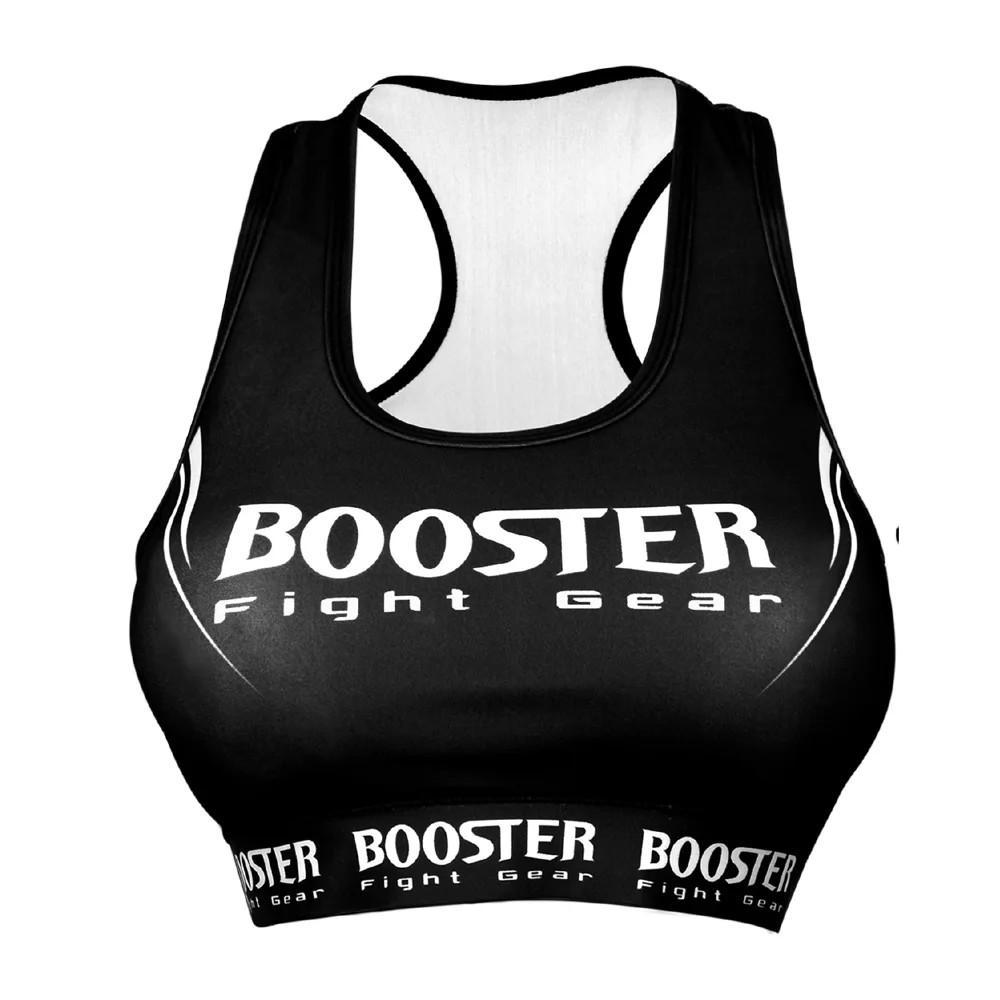 Дамски спортен топ Booster Challenge V2 в черен цвят, показан отпред, с ясно видими графични елементи и лого на Booster Fight Gear.