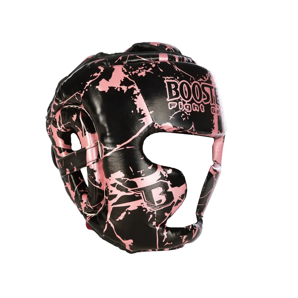 Детски протектор за глава Booster HGL B 2 YOUTH MARBLE PINK, изглед отпред, показващ мраморния десен и логото на Booster.