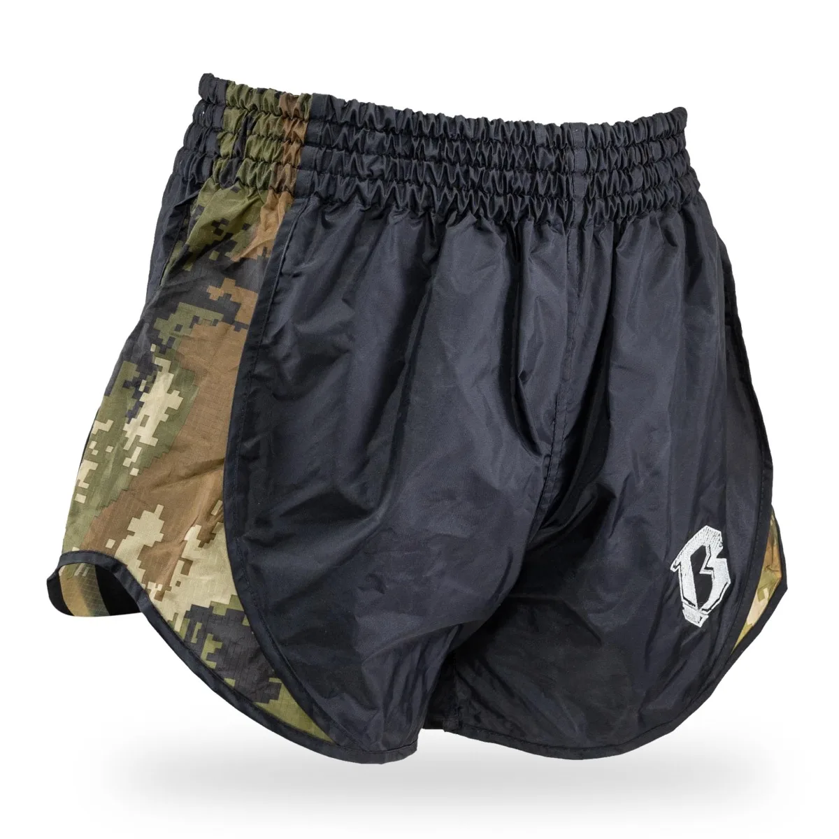 Детайлен изглед на колана и логото на шортите Booster Retro Hybrid BL/Camo Green