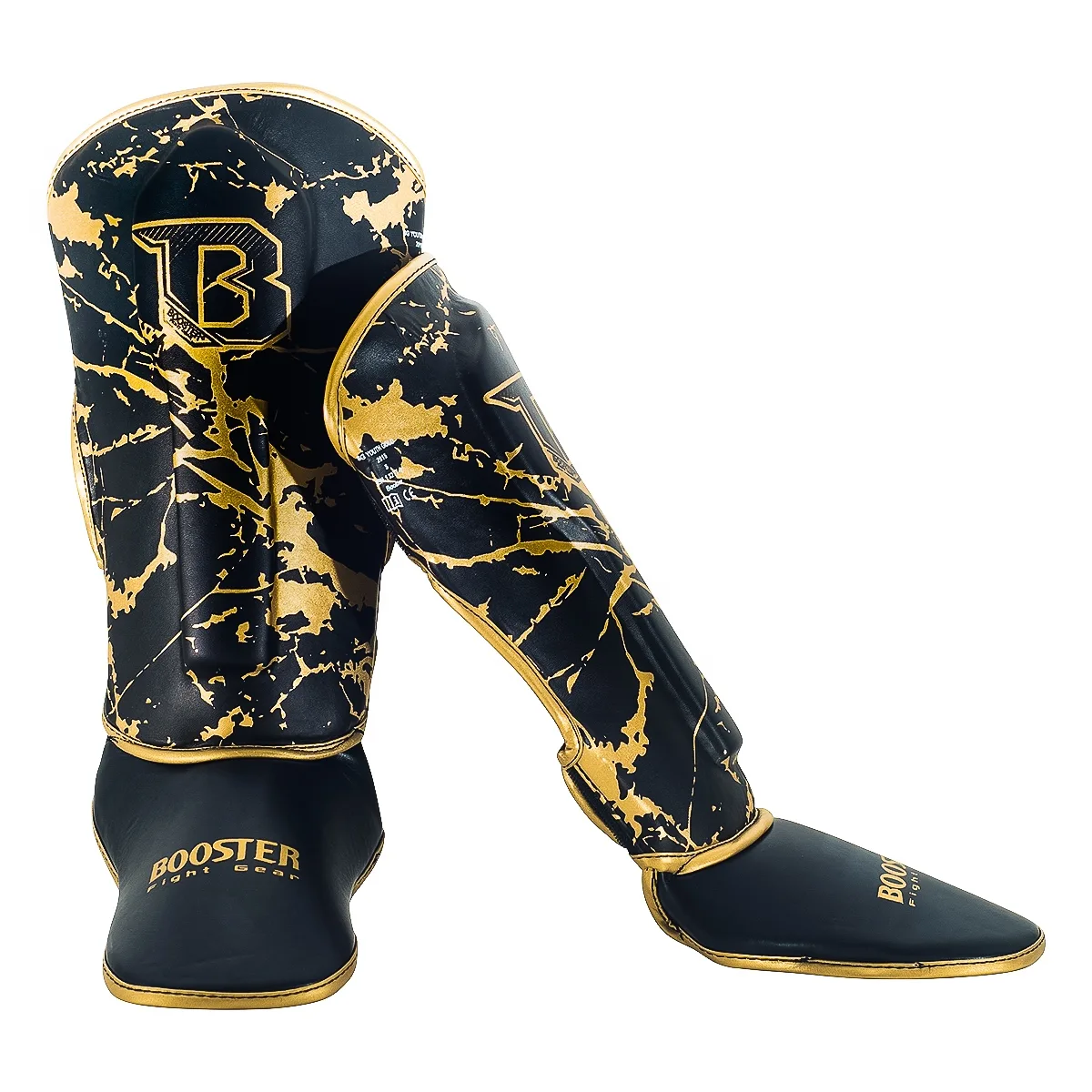 Детски протектор за крака Booster SG YOUTH GOLD MARBLE в черно и златно, показан отстрани, с акцент върху дизайна и велкро закопчаването