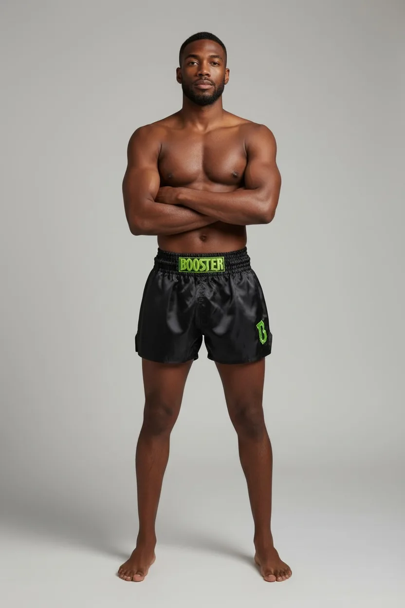 Изглед отблизо на логото на Booster Fight Gear, разположено върху крачола на черните шорти за муай тай TBT Core 1.