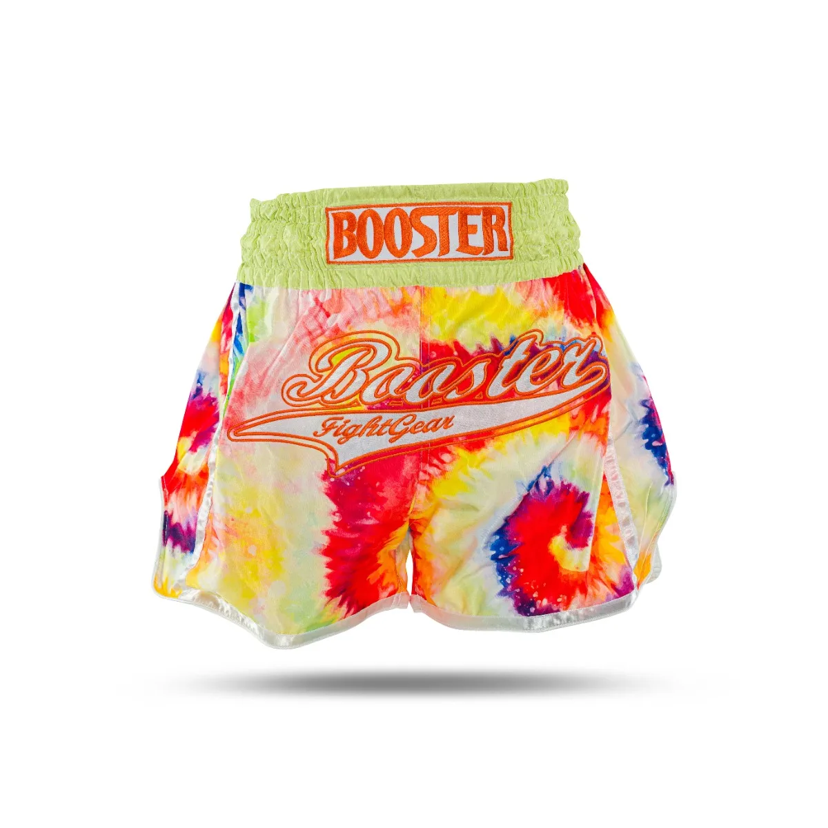 Страничен изглед на жълтите шорти Booster TBT SWIRL 2, подчертаващ страничните цепки за движение.