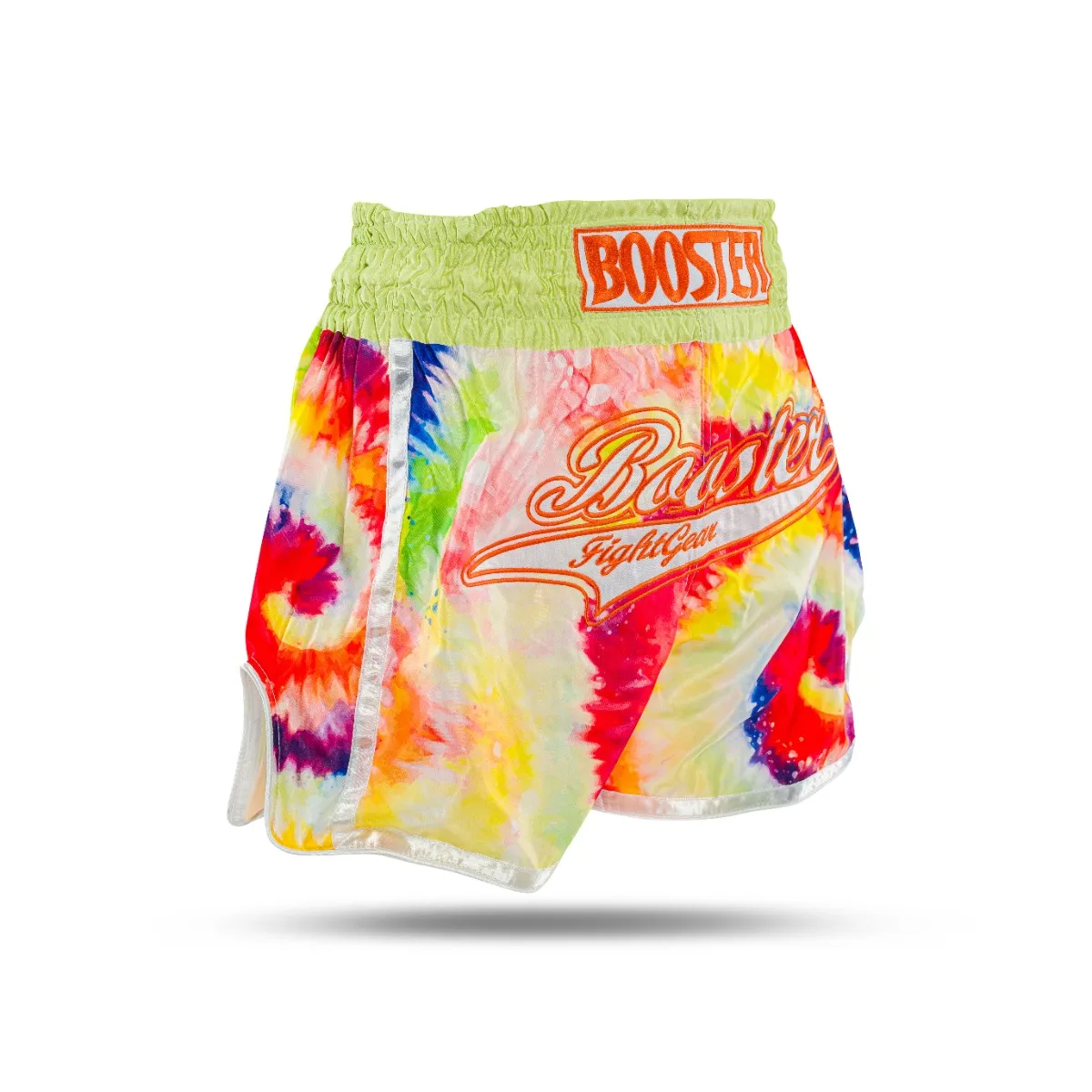 Заден изглед на жълтите шорти за муай тай Booster TBT SWIRL 2, с акцент върху вихровия дизайн.
