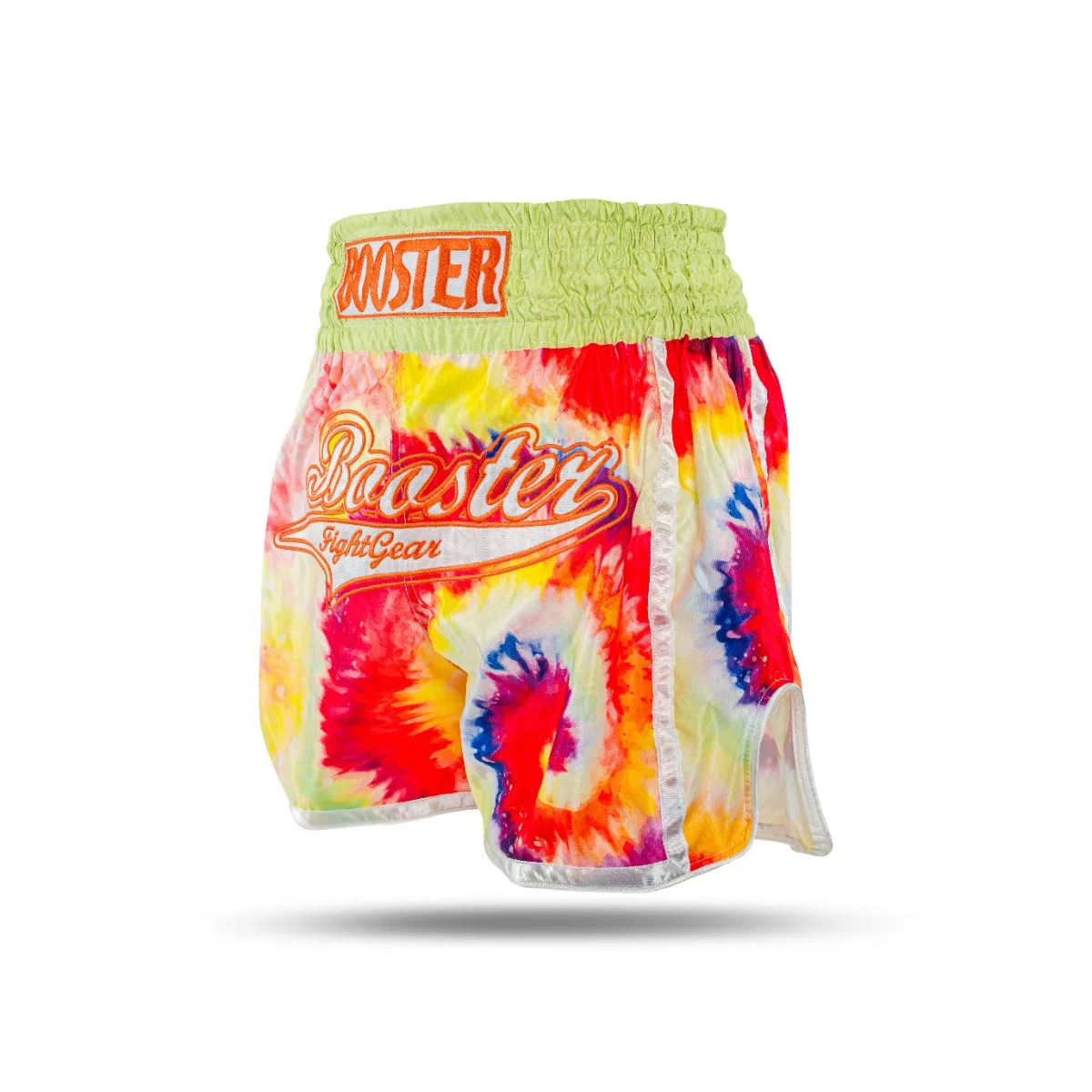 Жълти шорти за муай тай Booster TBT SWIRL 2, показани отпред, с бродирано лого.