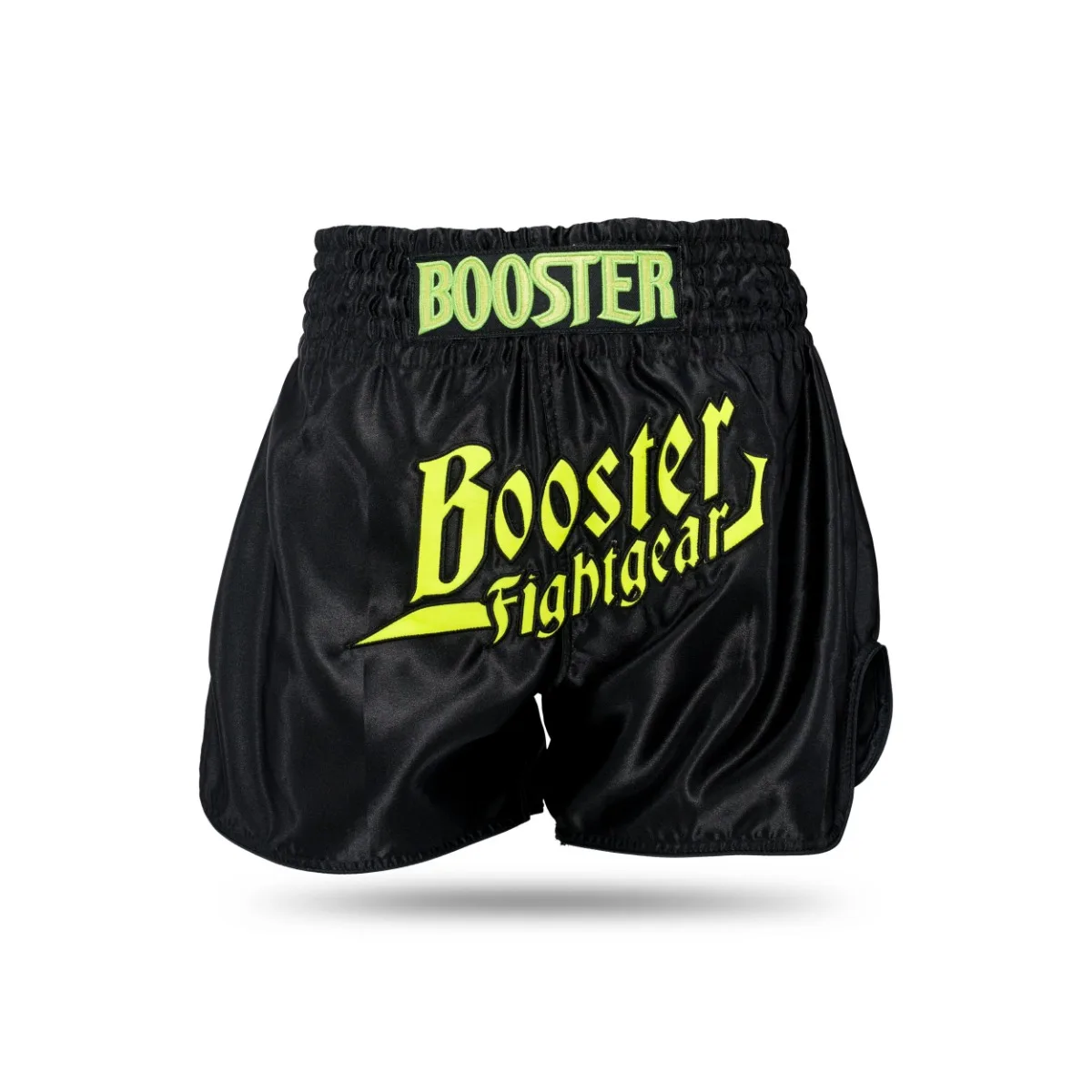 Детайлен изглед на дизайна 'Thunder' и логото на Booster Fight Gear на черните шорти.