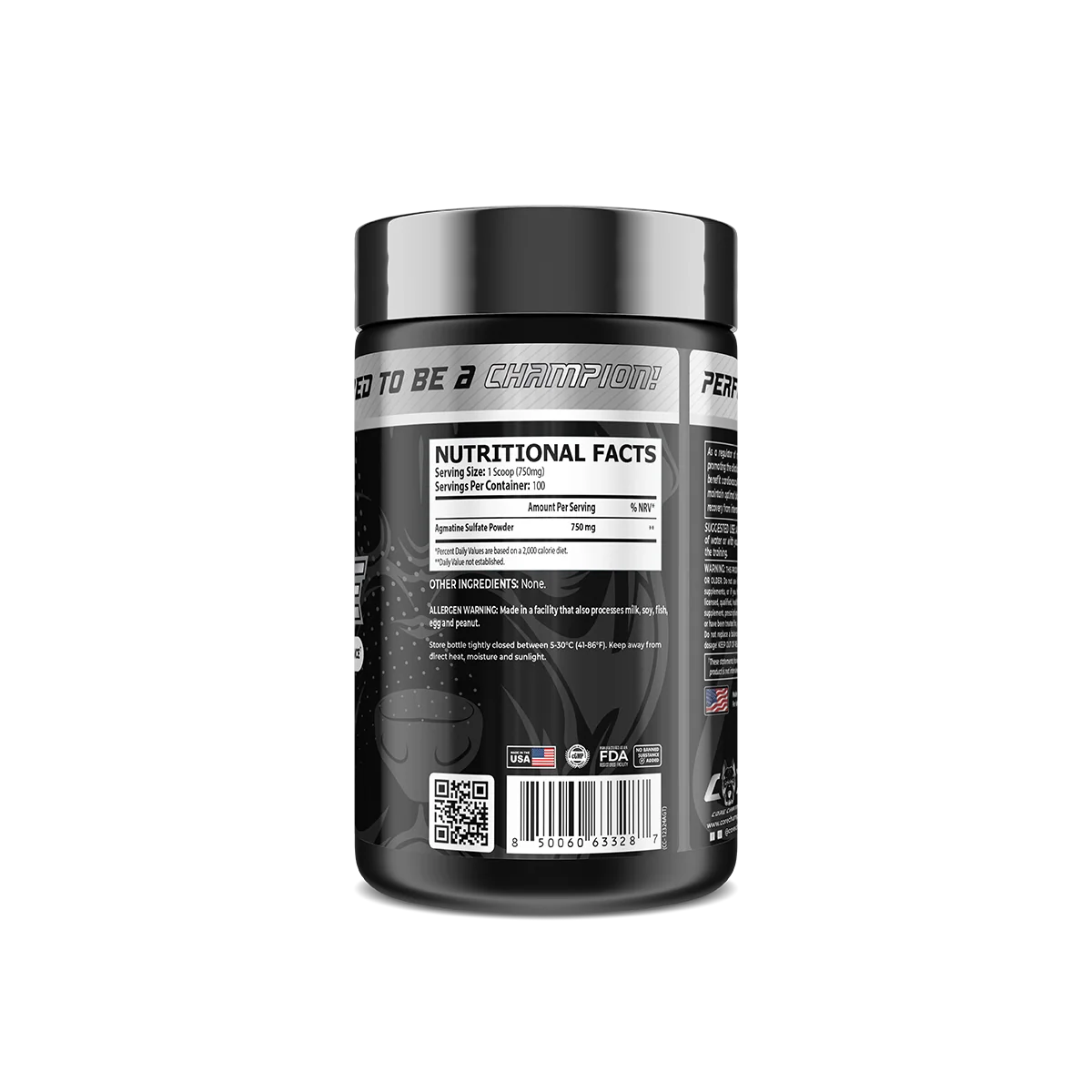 Опаковка на Core Champs Agmatine 750mg, страничен изглед, с информация за прием и предупреждения
