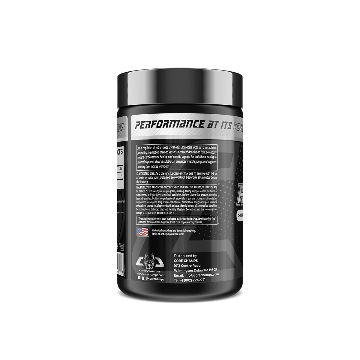 Опаковка на Core Champs Agmatine 750mg, изглед отблизо, показващ текстурата или прахообразната форма на добавката