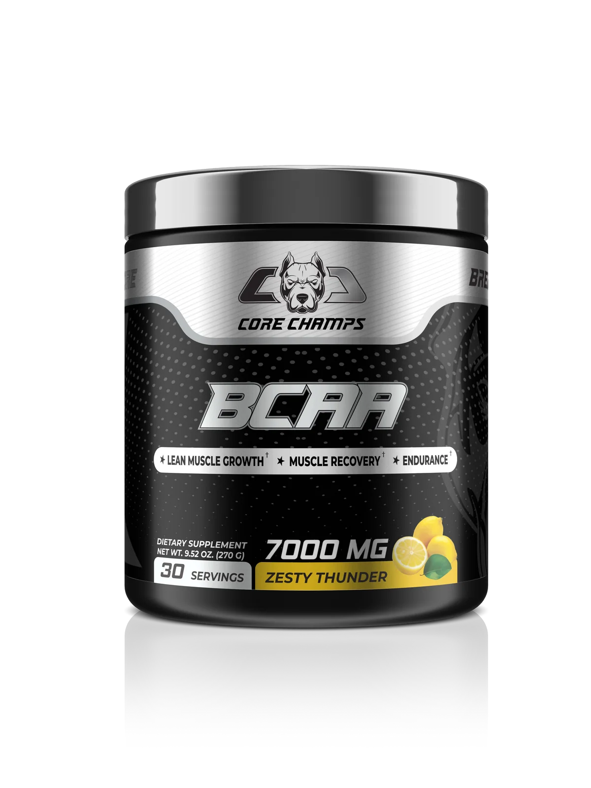 Опаковка на Core Champs BCAA Powder 7000mg с вкус Zesty Thunder