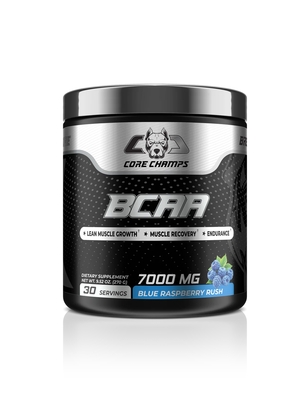 Опаковка на Core Champs BCAA Powder 7000mg с вкус Blue Raspberry Rush