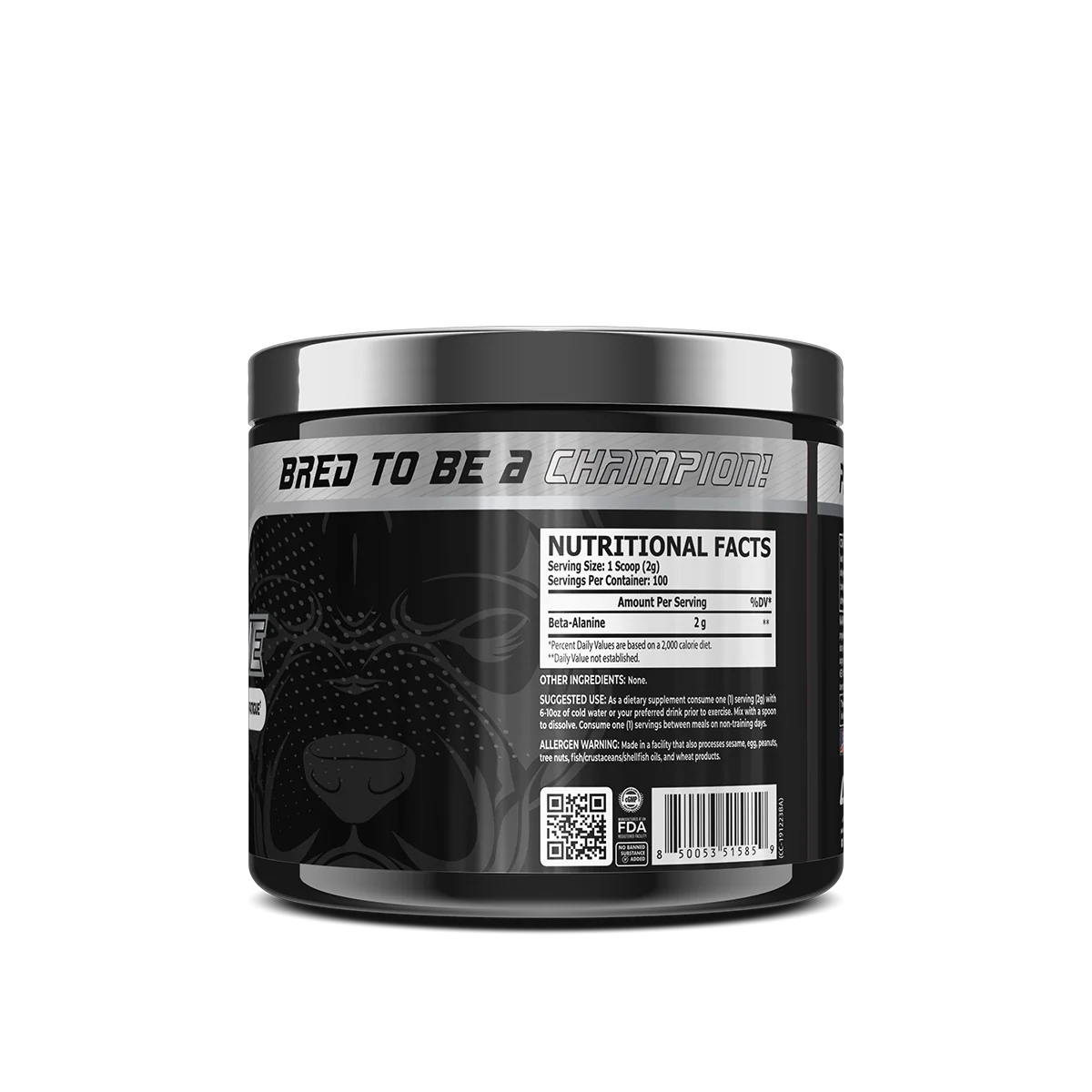 Близък план на опаковката на Core Champs Beta-Alanine, фокусиран върху информацията за дозировката и съдържанието.