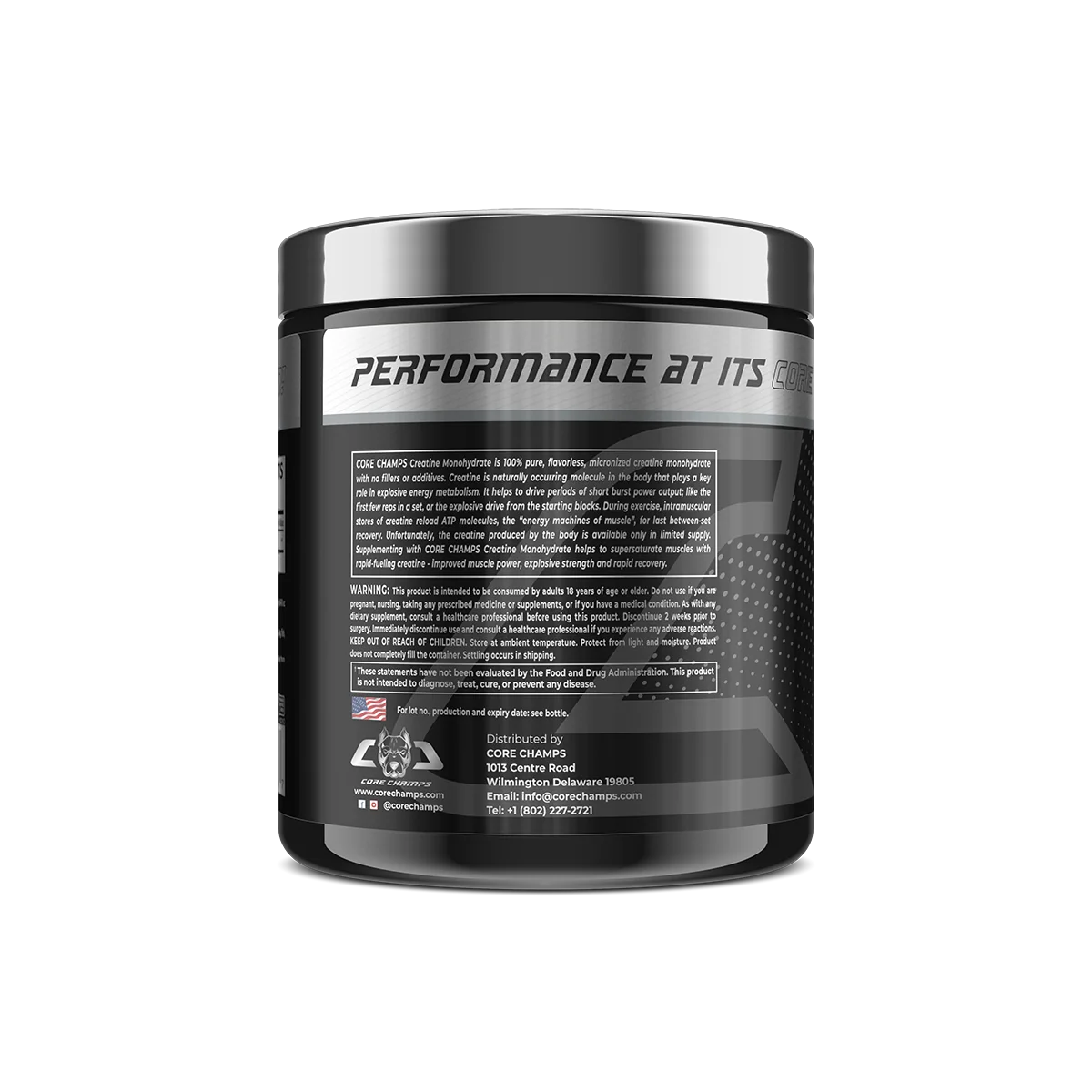 Близък план на етикета на Core Champs Creatine 5000mg, подчертаващ 5000mg креатин монохидрат.