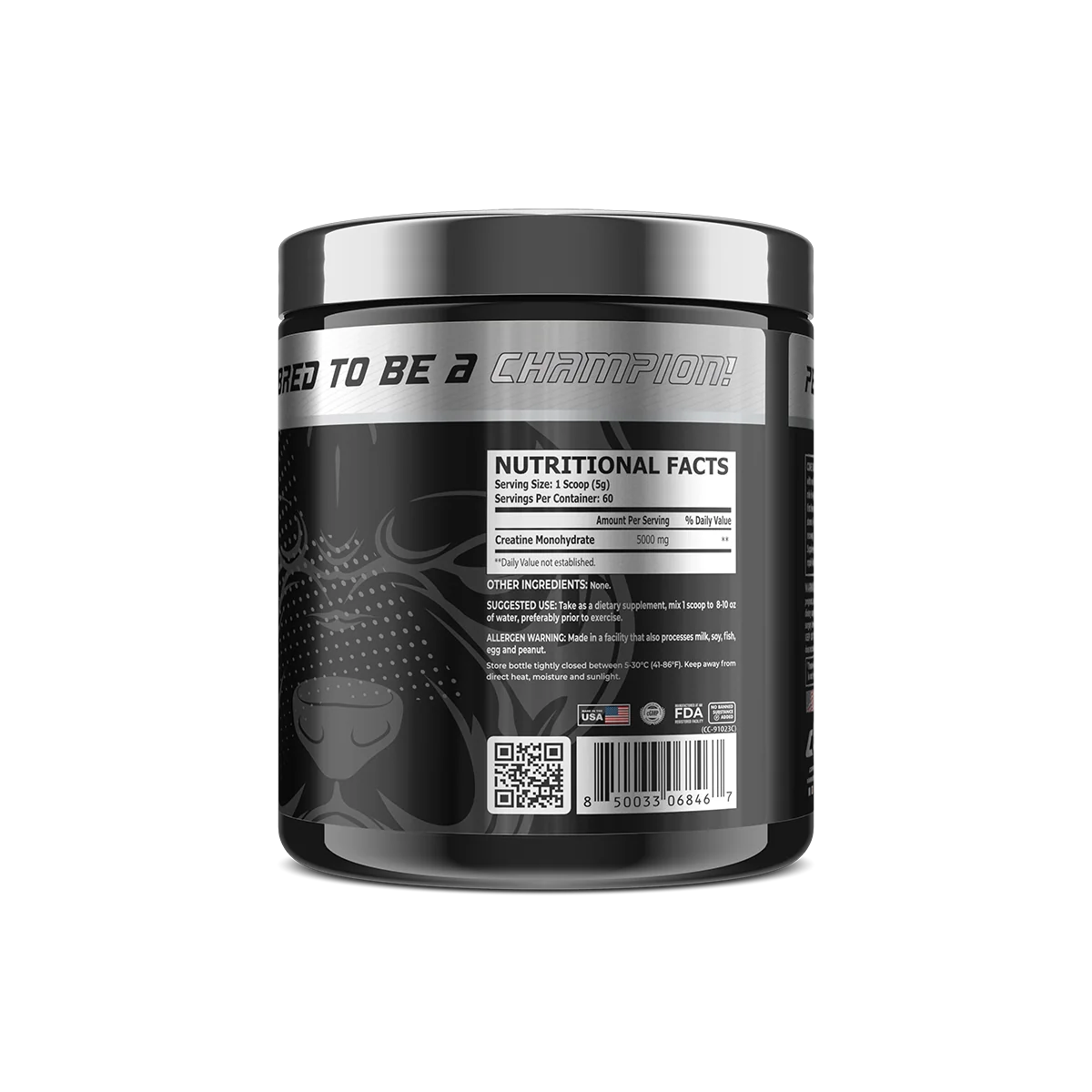 Опаковка Core Champs Creatine 5000mg, поставена до мерителна лъжичка, символизираща готовност за прием.