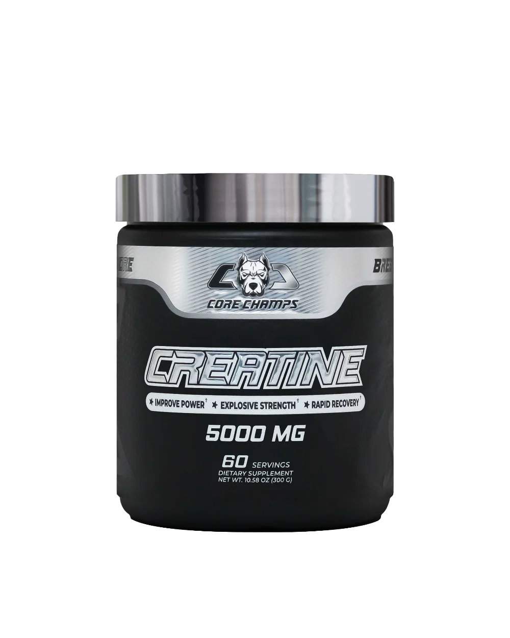 Опаковка Core Champs Creatine 5000mg на бял фон, показваща името на продукта и марката.