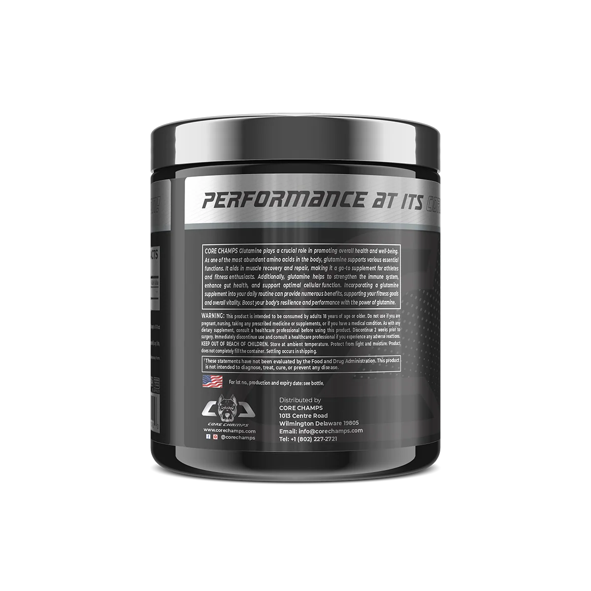 Близка снимка на опаковката на Core Champs Glutamine, показваща детайли на етикета