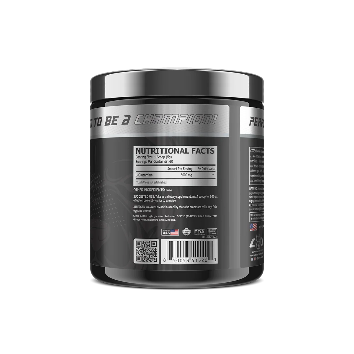 Опаковка на Core Champs Glutamine, поставена на фон, подсказващ спортна среда