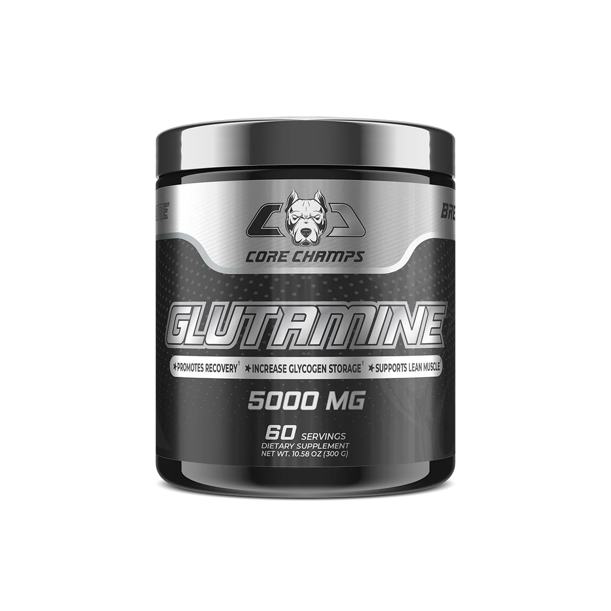 Опаковка на Core Champs Glutamine с логото на марката и надпис Glutamine