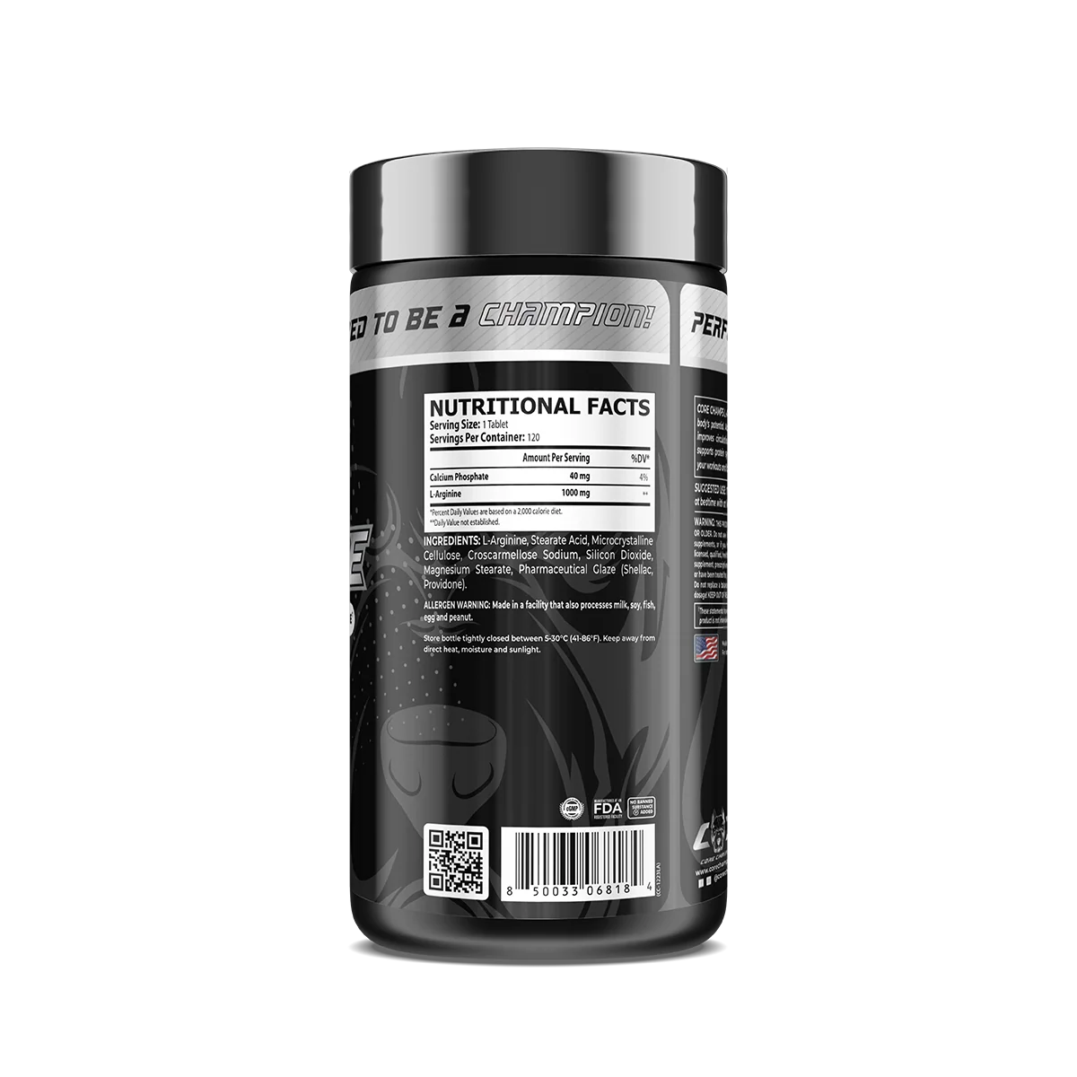 Близък план на таблетки Core Champs L-Arginine 1000mg, възможно е да е и опаковка