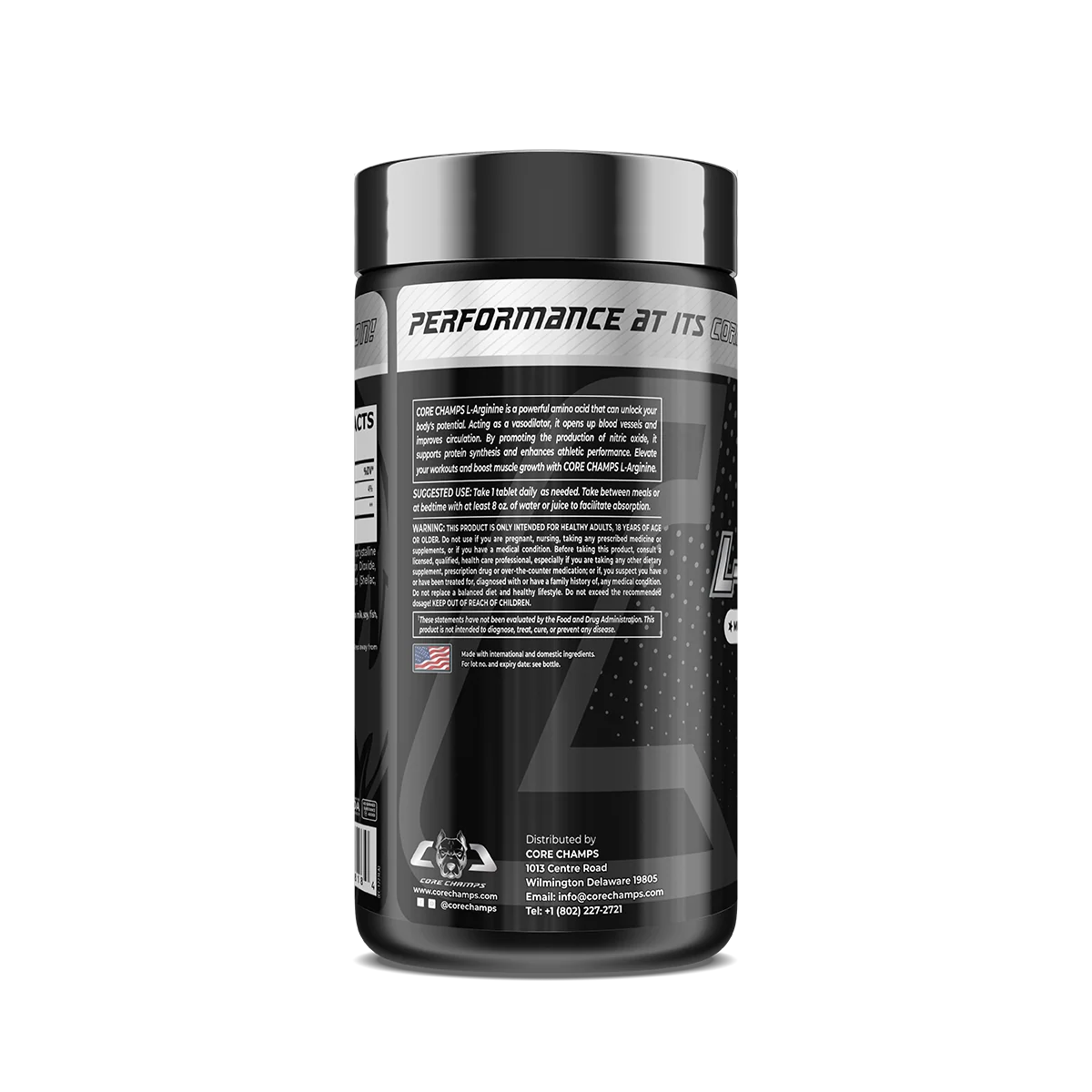 Продуктова снимка на Core Champs L-Arginine 1000mg, вероятно с елементи на спортна среда