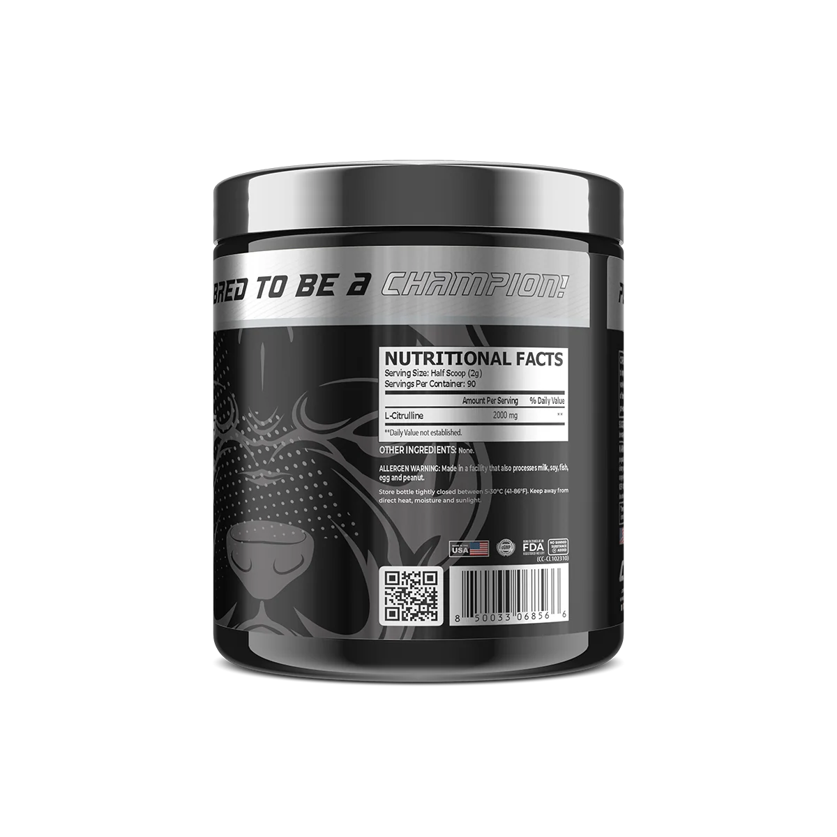 Снимка на Core Champs L-Citrulline с изсипана пудра и мерителна лъжичка, подчертаваща формата на добавката
