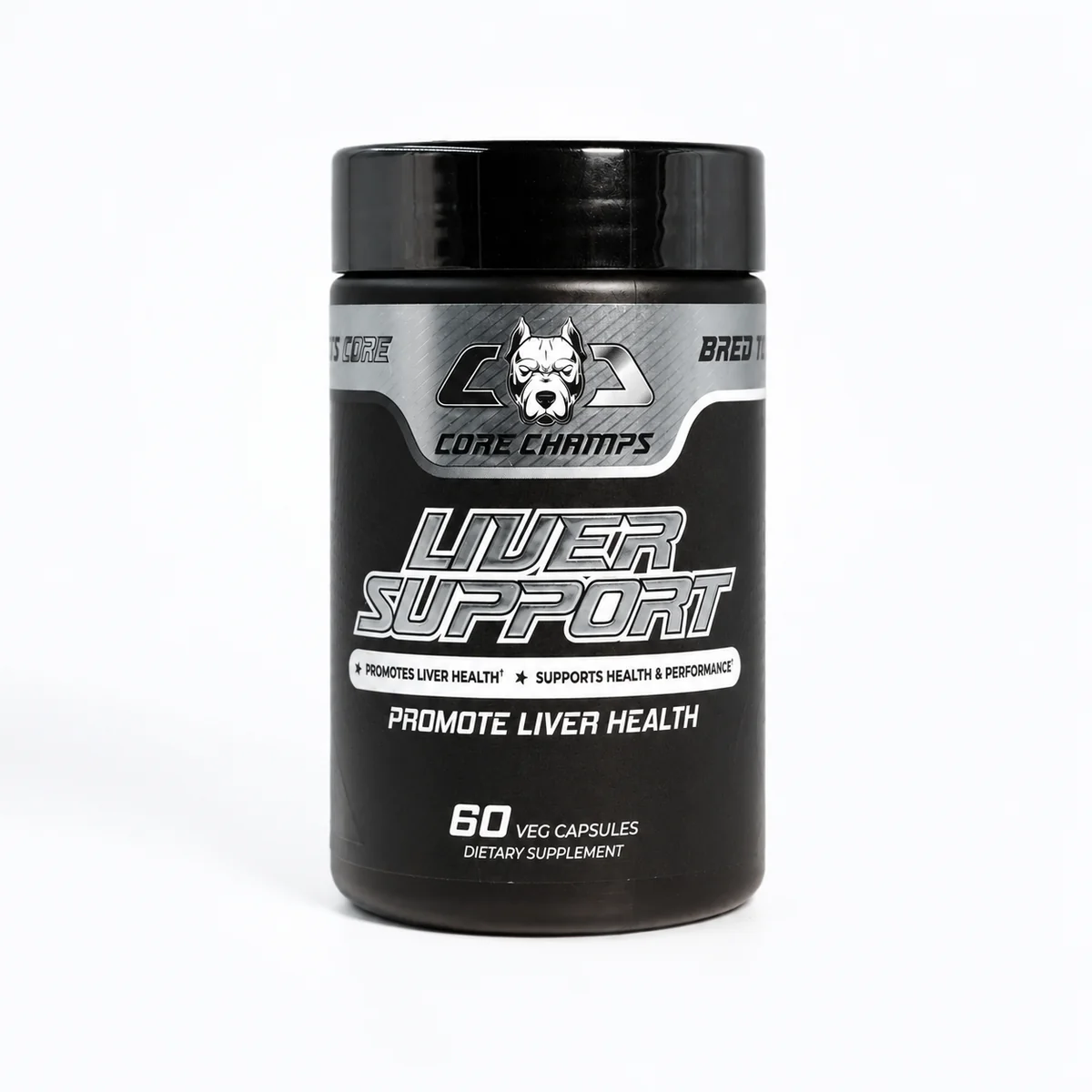 Опаковка на Core Champs Liver Support на бял фон, показваща името на продукта и марката.