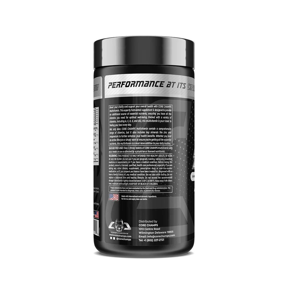 Близка снимка на опаковката Core Champs Multivitamin 90 таблетки, показваща етикета