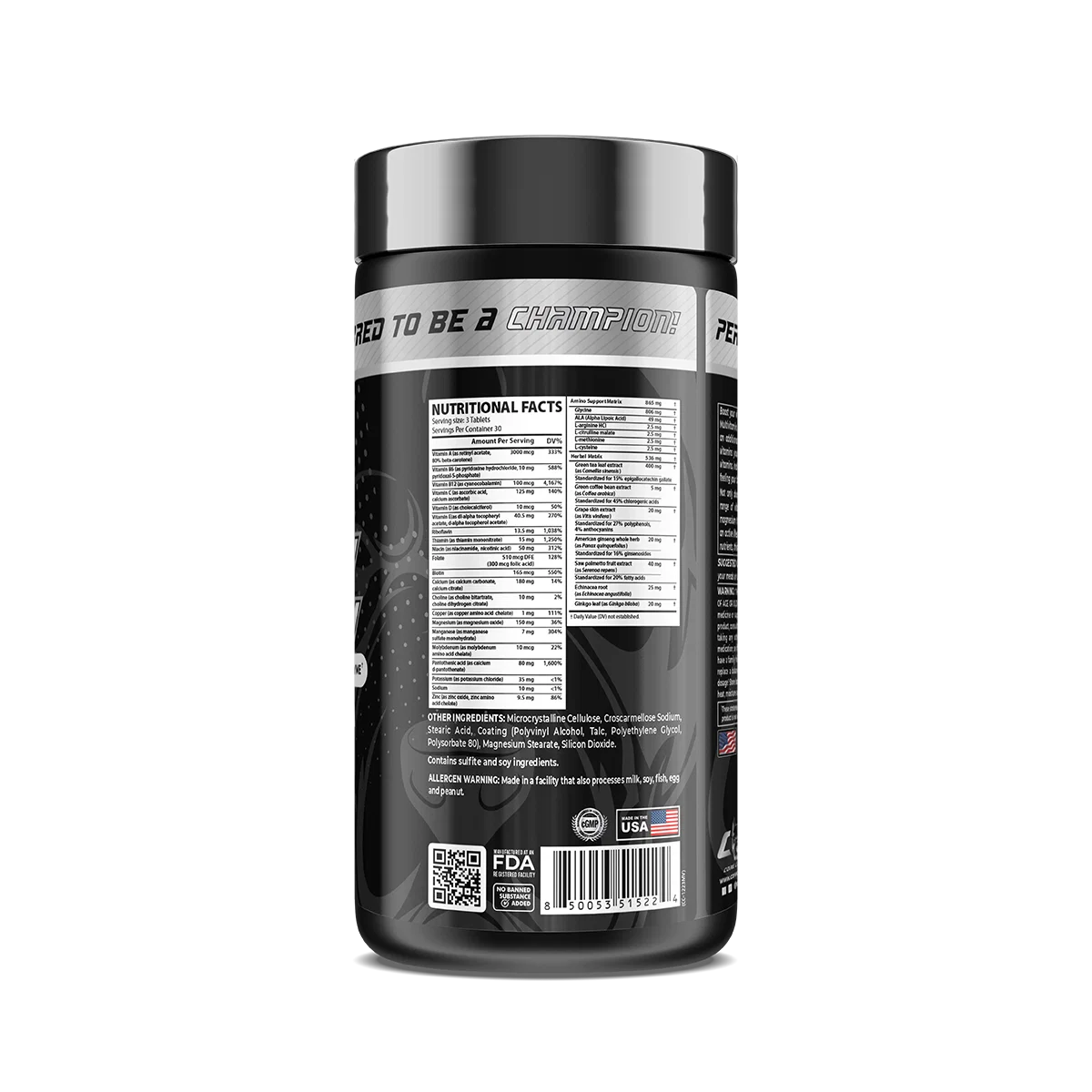 Опаковка Core Champs Multivitamin 90 таблетки, поставена до няколко разпръснати таблетки
