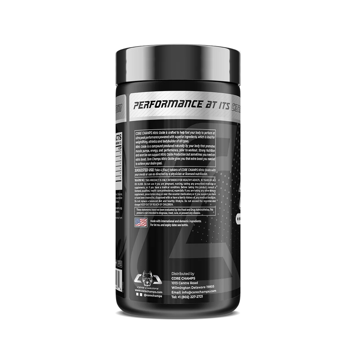 Близка снимка на таблетките Core Champs Nitric Oxide, показваща формата и цвета им