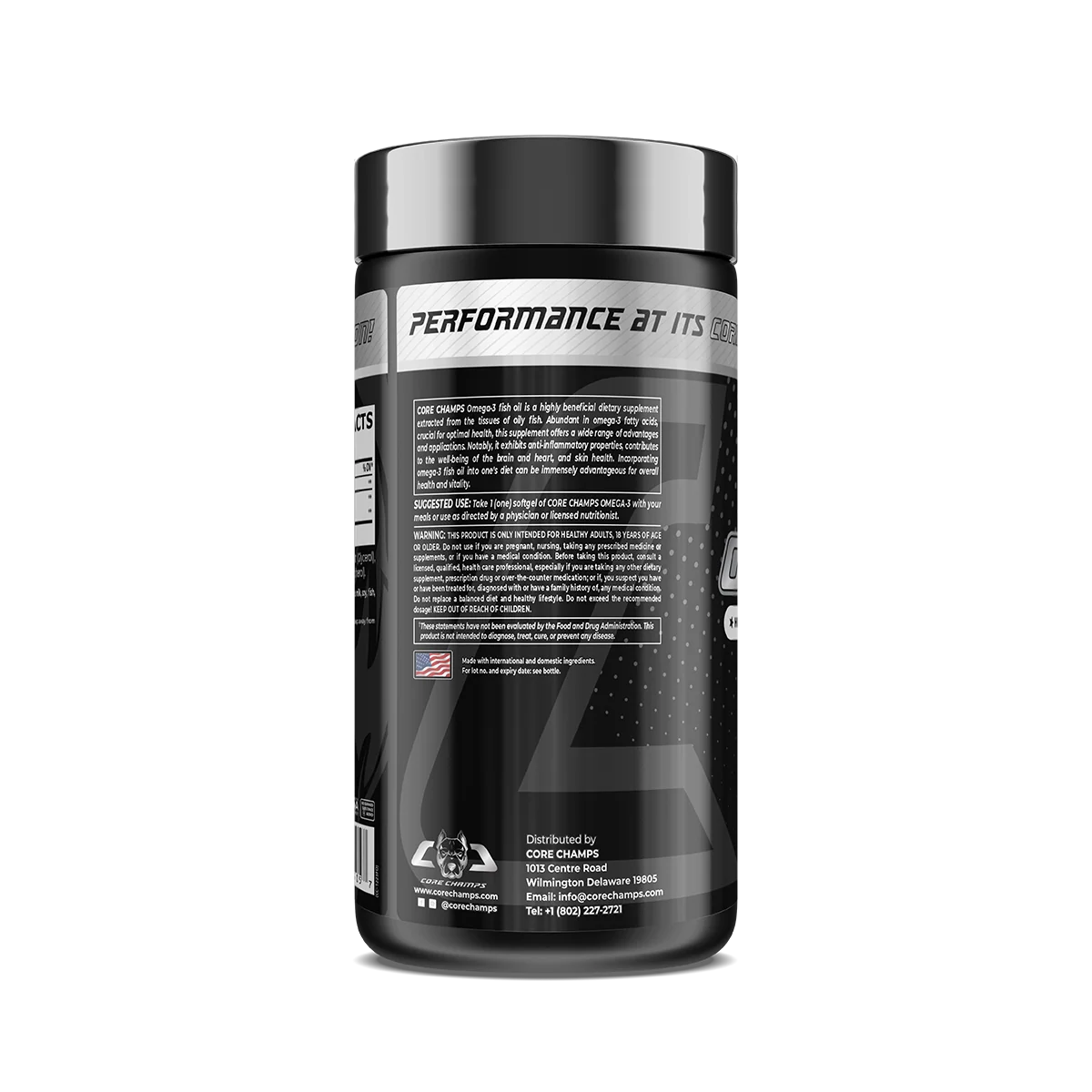 Близка снимка на Core Champs Omega-3, показваща софтгел капсулите, вероятно в ръка или на равна повърхност.