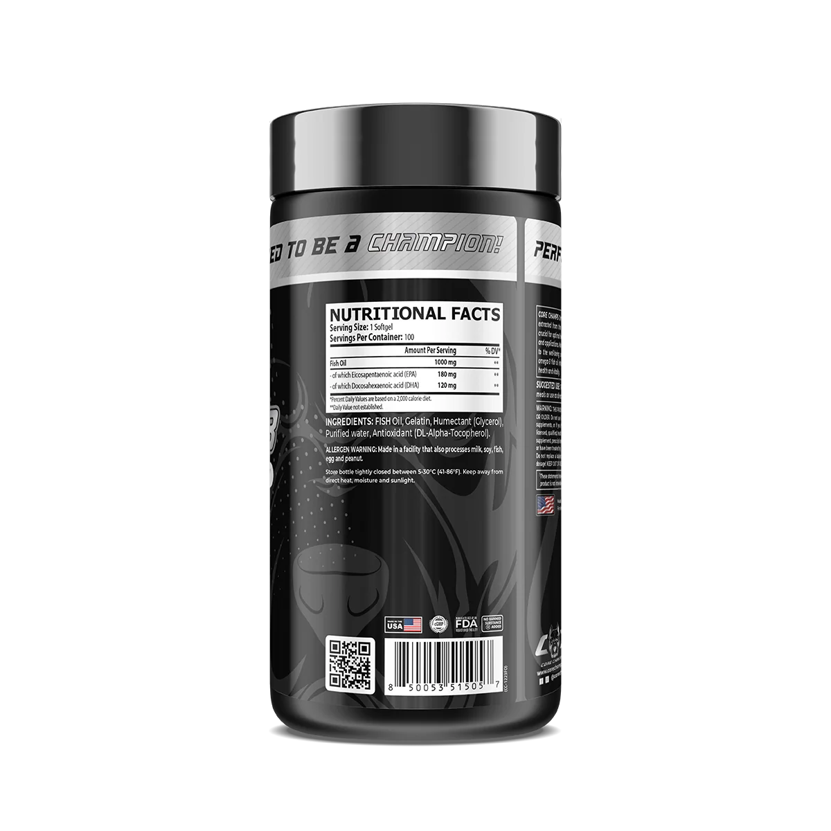 Опаковка Core Champs Omega-3, позиционирана така, че да се виждат ключови елементи от дизайна и информацията на етикета.