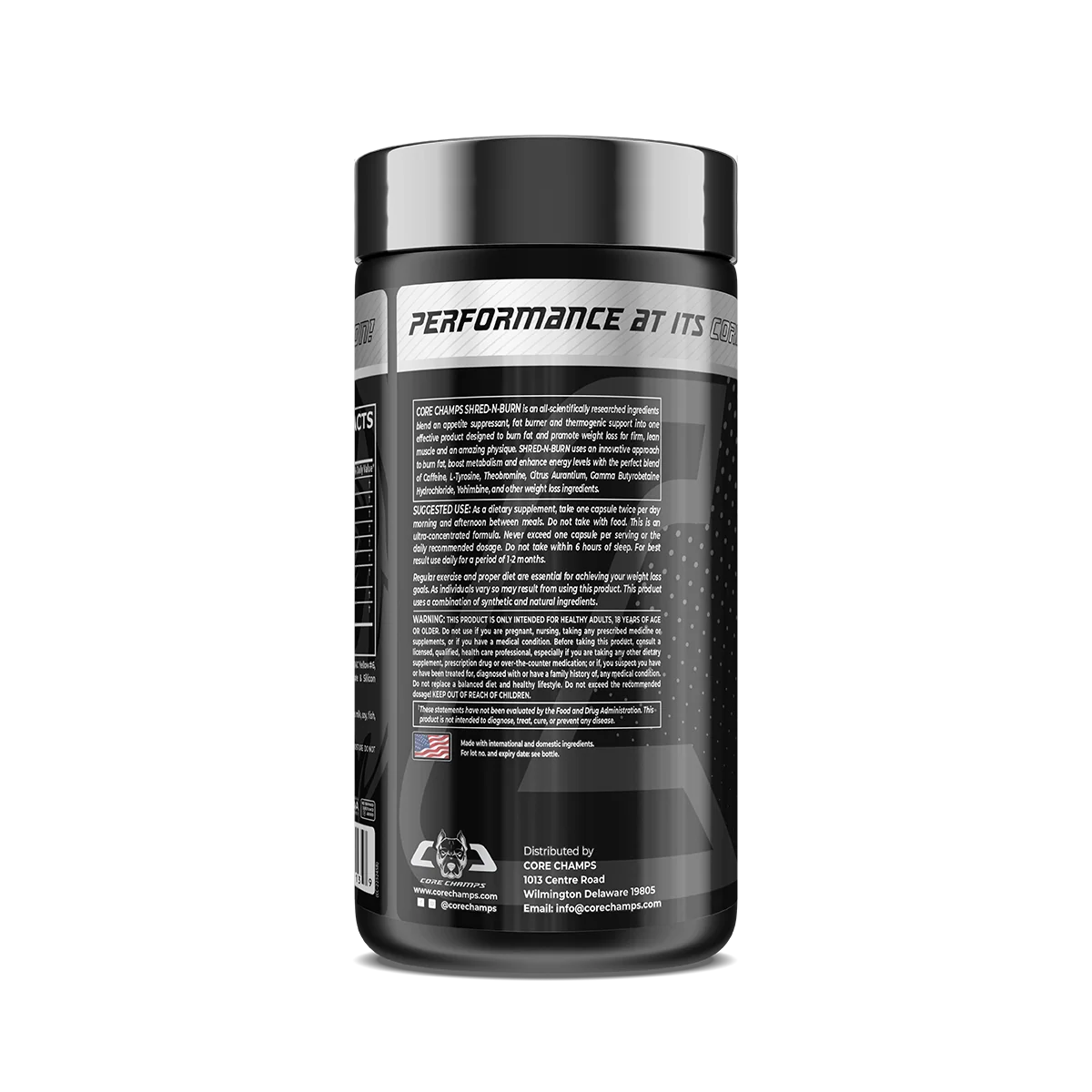 Близка снимка на етикета на Core Champs Shred-N-Burn с информация за продукта