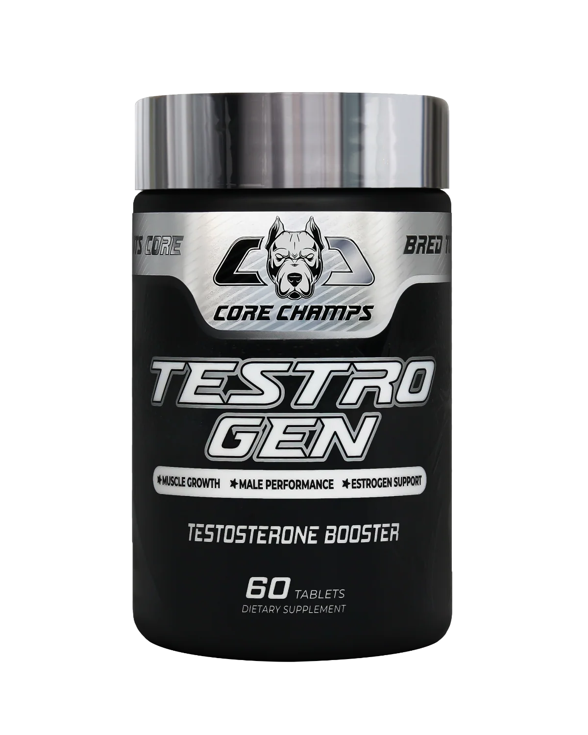 Опаковка на Core Champs Testro Gen, представена отпред, с логото на марката и името на продукта.