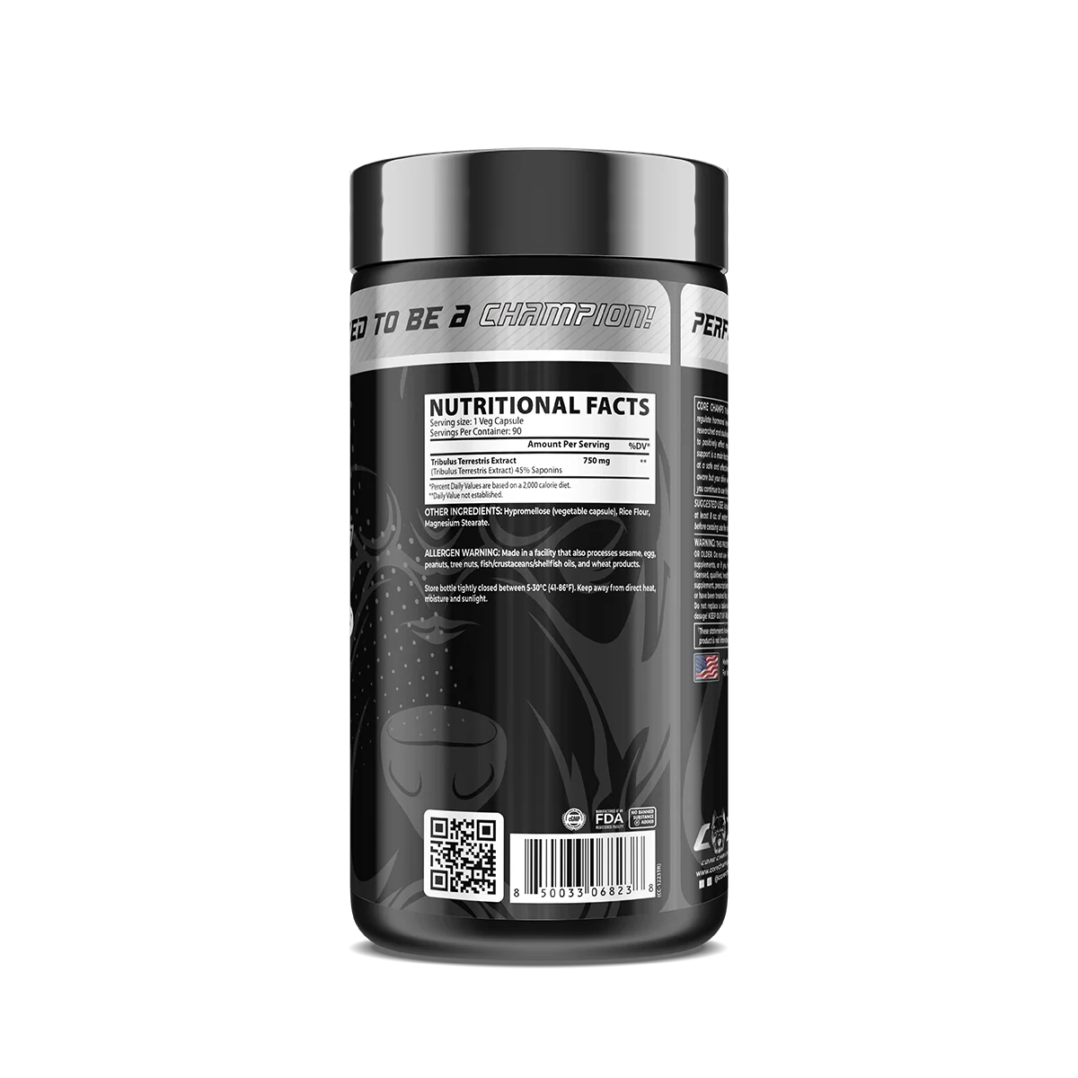 Близка снимка на опаковката Core Champs Tribulus, показваща информация за продукта и 90 капсули.