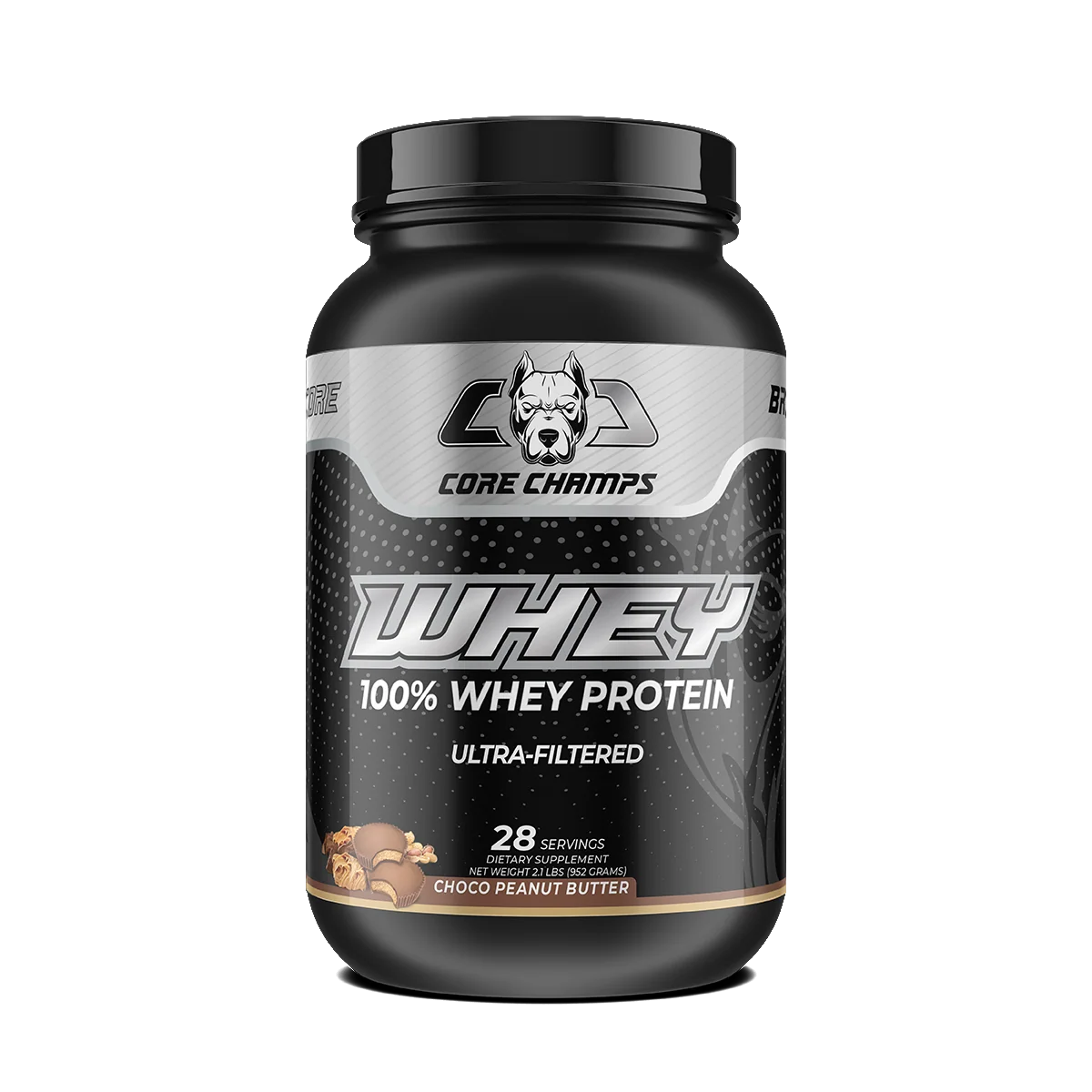 Опаковка Core Champs Whey Protein 2lbs с вкус CHOCOLATE PEANUT BUTTER, на преден план.