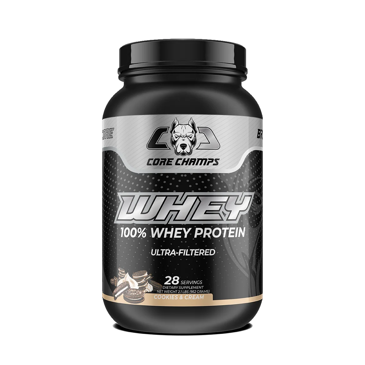 Опаковка Core Champs Whey Protein 2lbs с вкус COOKIES & CREAM, на преден план.