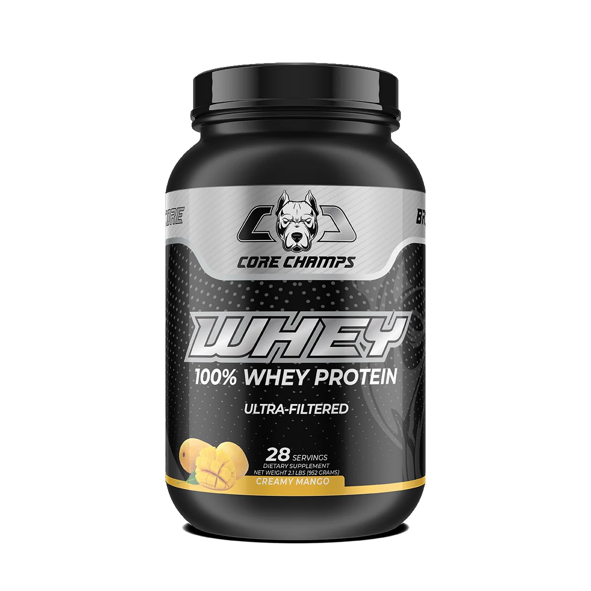 Опаковка Core Champs Whey Protein 2lbs с вкус CREAMY MANGO, на преден план.