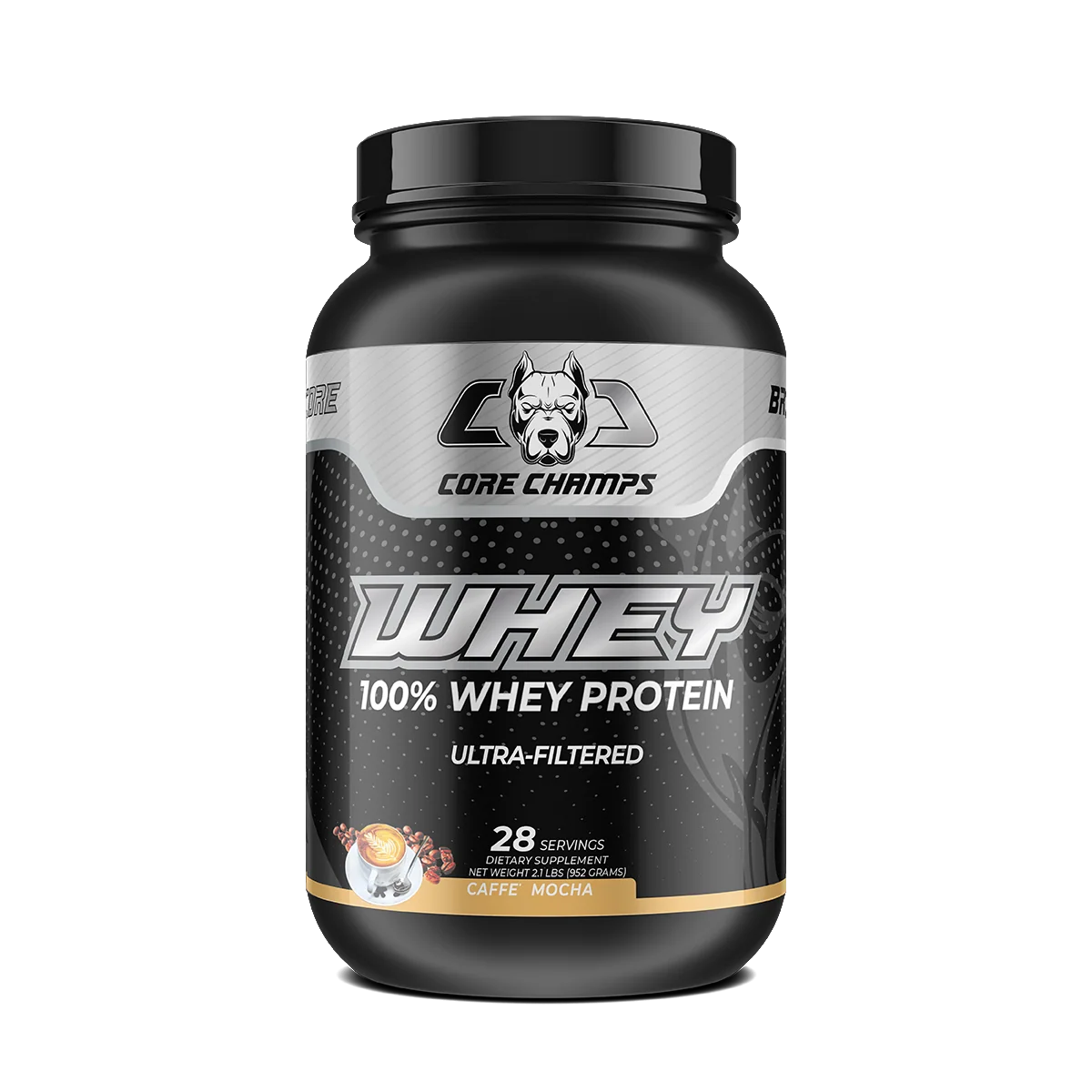 Опаковка Core Champs Whey Protein 2lbs с вкус CAFFE MOCHA, на преден план.