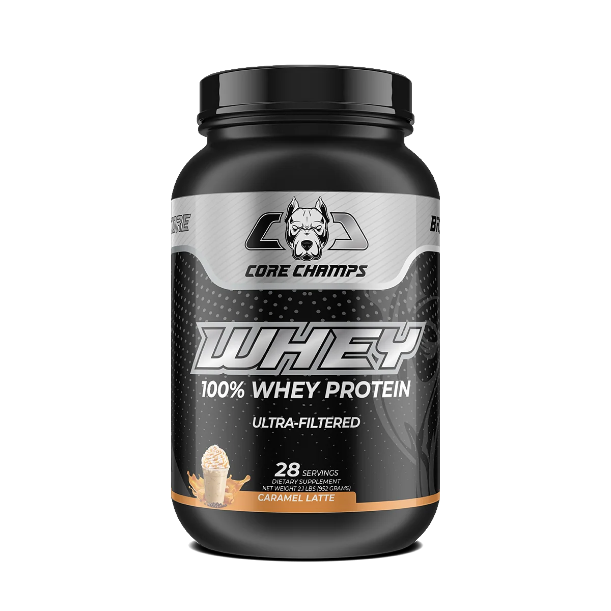 Опаковка Core Champs Whey Protein 2lbs с вкус CARAMEL LATTE, на преден план.