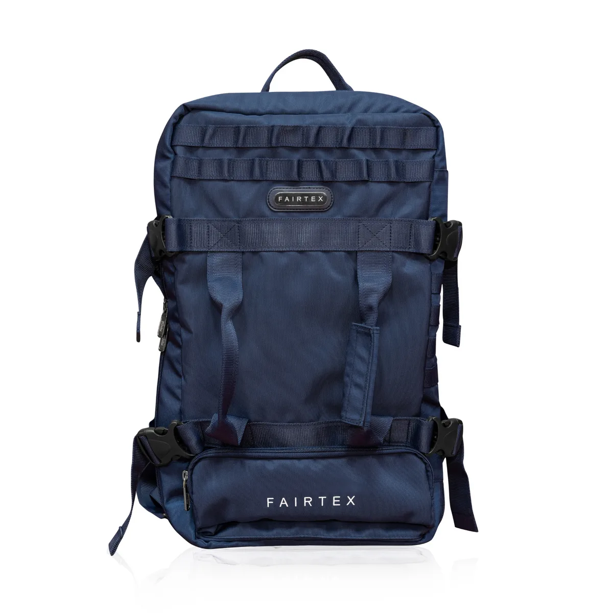 Fairtex All-in-One Ground Combat Bag в тъмносин (Navy) цвят, показана разтворена, с видимо вътрешно разпределение и мрежести отделения.