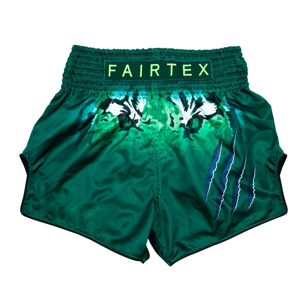 Зелени шорти за муай тай Fairtex Athletic Cut Short TONNA BS1913 с щампа на тигрови нокти