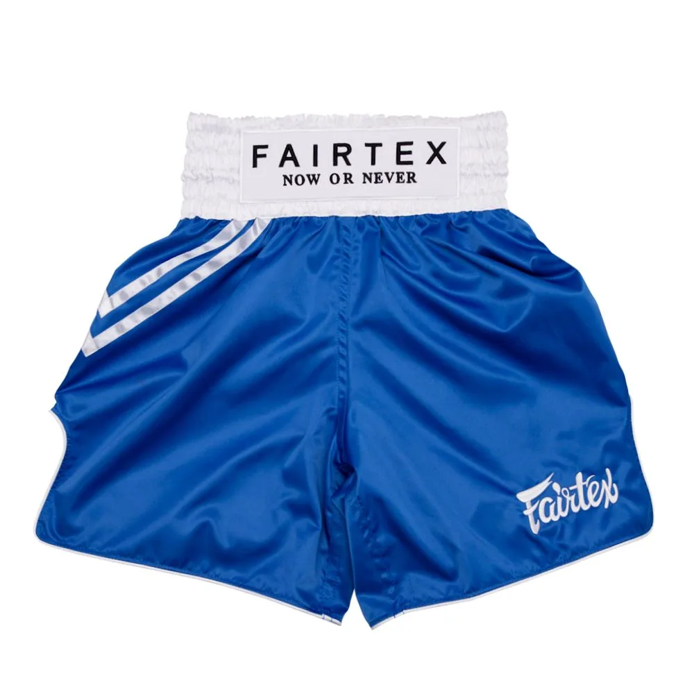 Fairtex Classic Blue BT2009 боксови шорти, детайл на колана и логото