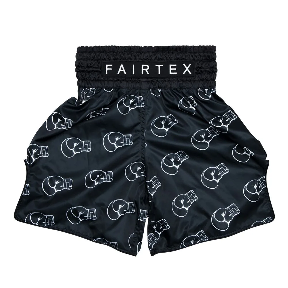 Черни боксови шорти Fairtex Motif BT2006 с бял графичен принт на боксови ръкавици