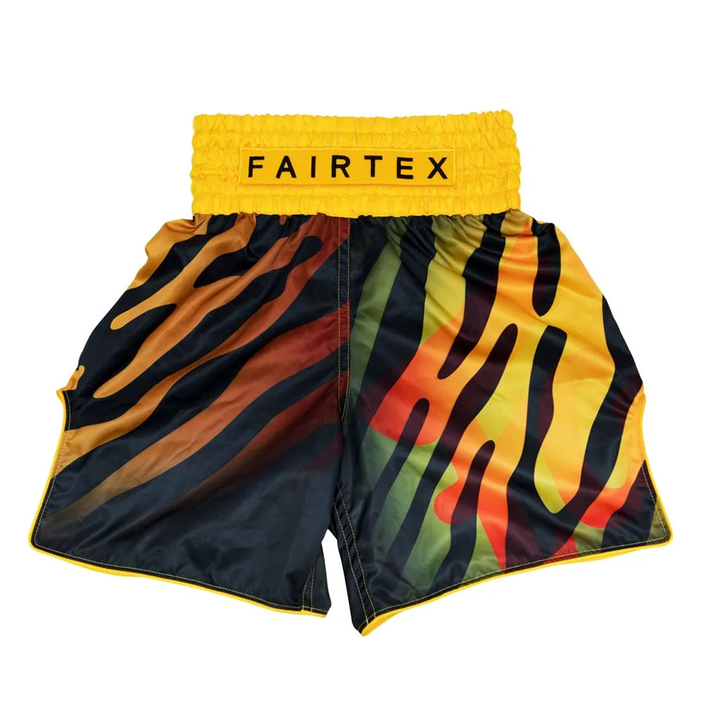 Шорти Fairtex Tiger BT2002 с жълт колан и черни тигрови ивици, страничен изглед