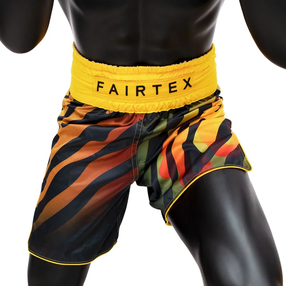 Мъжки шорти за муай тай Fairtex Tiger BT2002 в жълто и черно, с тигрови ивици, преден изглед