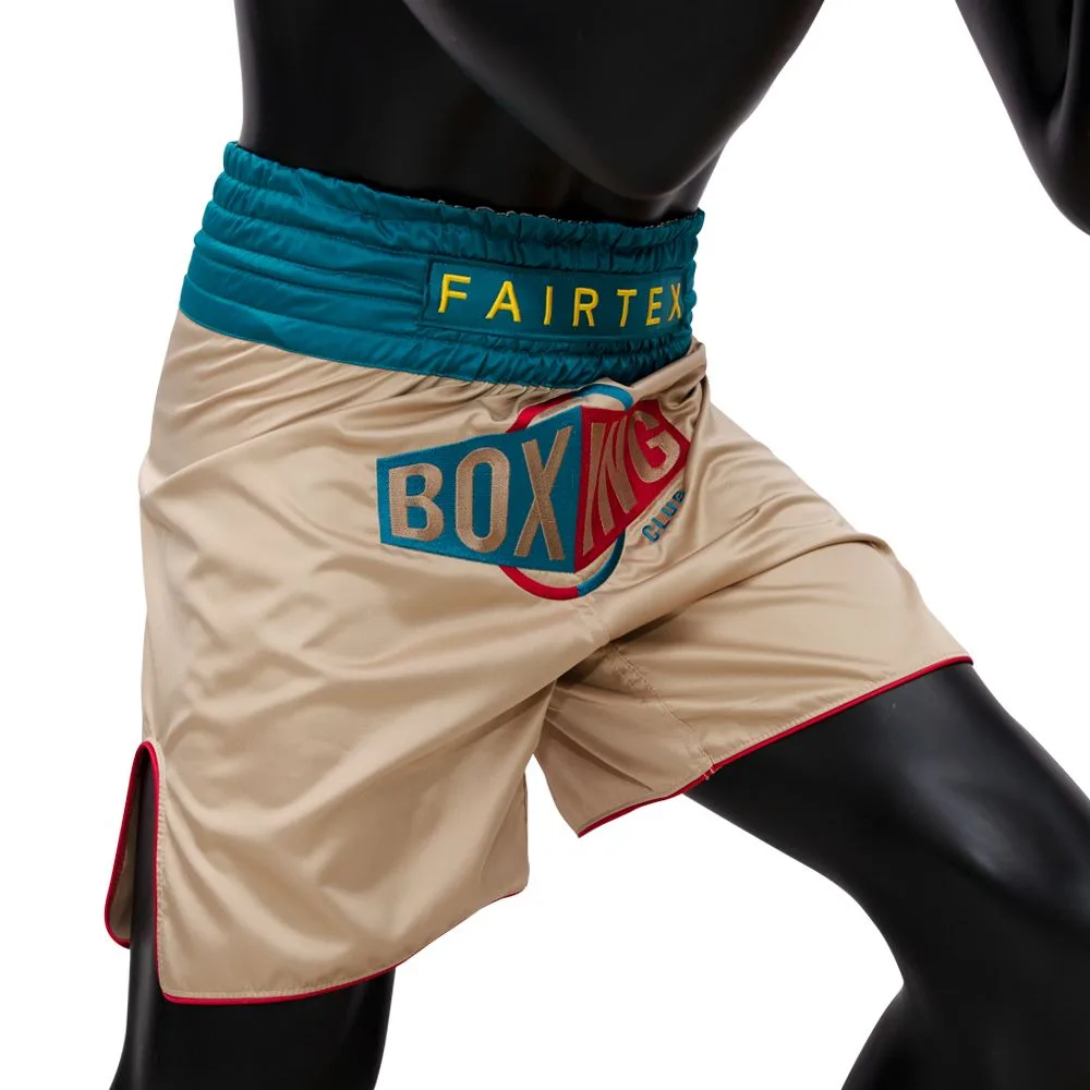 Fairtex Boxing Trunks Vintage BT2010 Khaki – страничен изглед, показващ кройката за свобода на движение