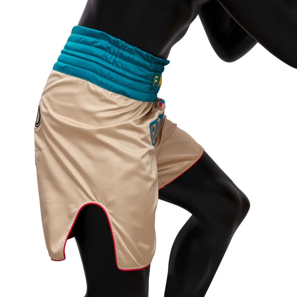 Fairtex Boxing Trunks Vintage BT2010 Khaki – снимка в близък план на еластичния колан и логото на Fairtex