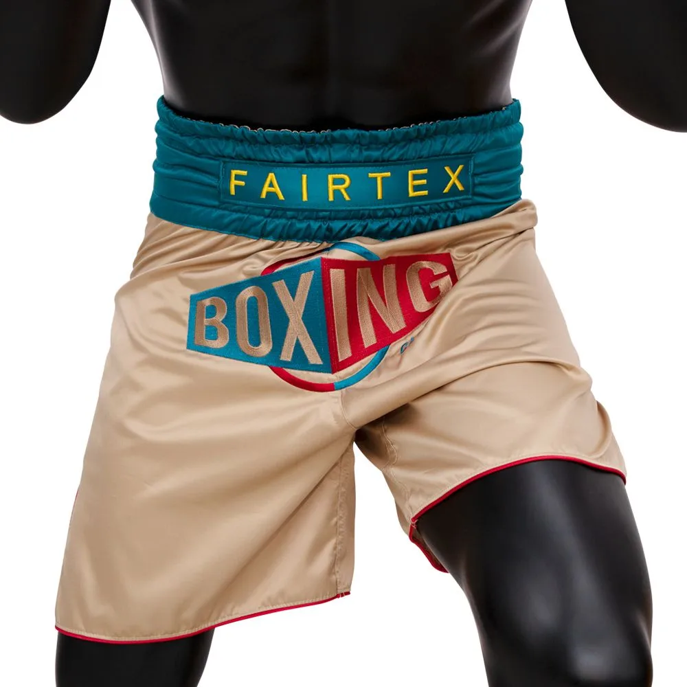 Fairtex Boxing Trunks Vintage BT2010 Khaki – изглед отпред с надпис 'Boxing'