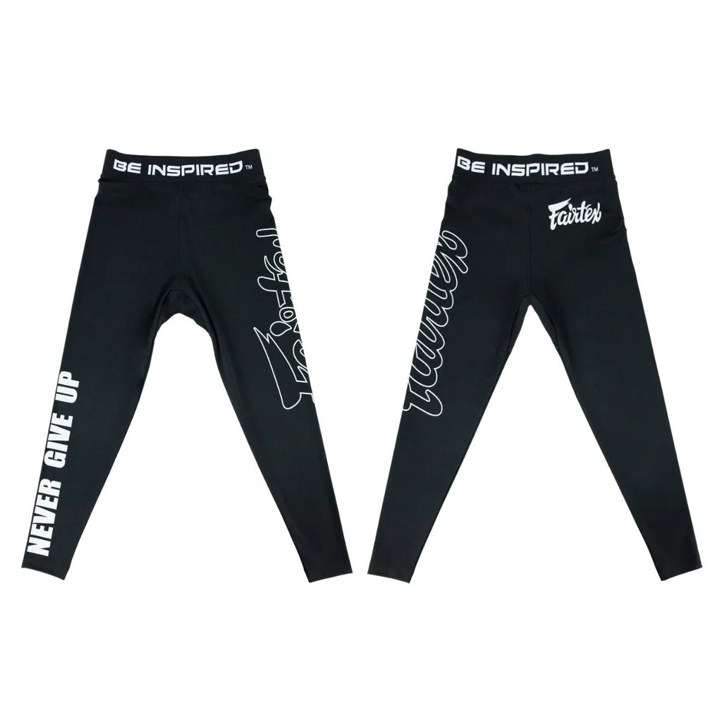 Fairtex Compression Pants CP2 Black – изглед на десния крак с надпис „Never Give Up“.