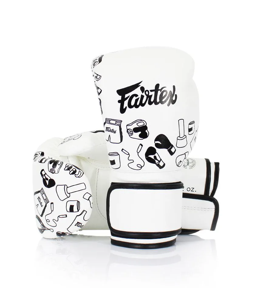 Боксови ръкавици Fairtex Graffiti BGV14W White – изглед отпред, показващ графити дизайна и логото на Fairtex.
