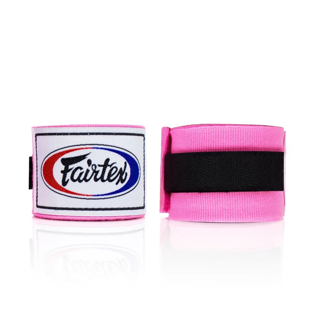Розови бинтове Fairtex HW2, сгънати и подредени, показващи логото на Fairtex и текстилната им структура.