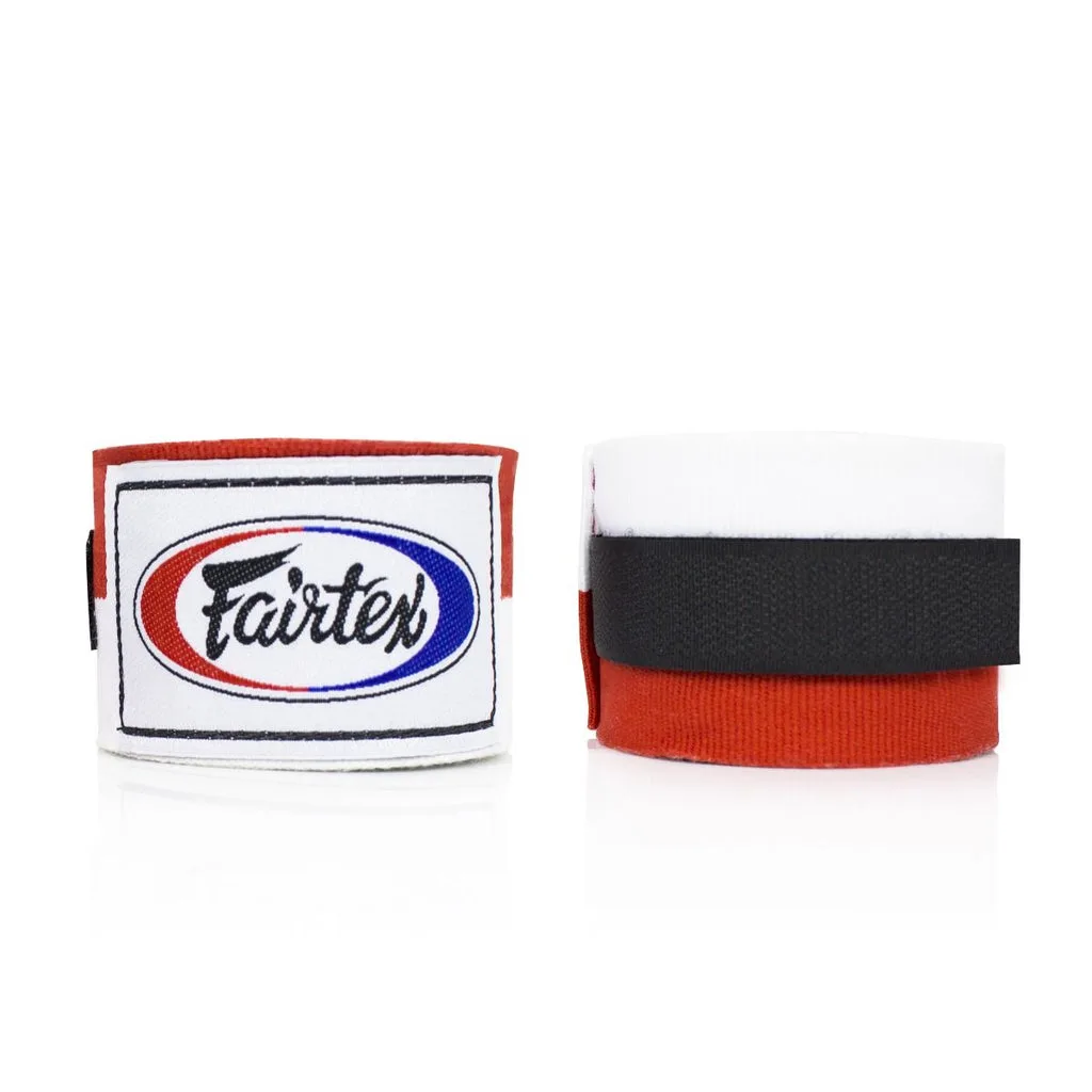 Бинтове Fairtex HW2 в бяло и червено, навити на руло, показващи логото на Fairtex.